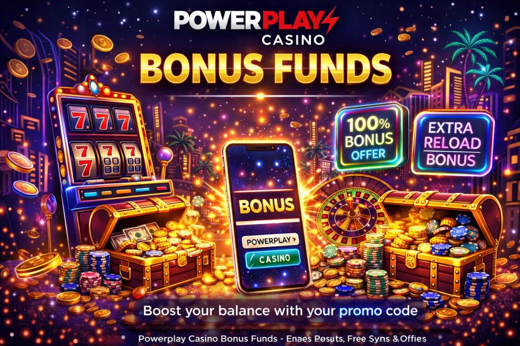 Bright casino scene with slot machine, roulette wheel, treasure chests and smartphone displaying bonus funds offer