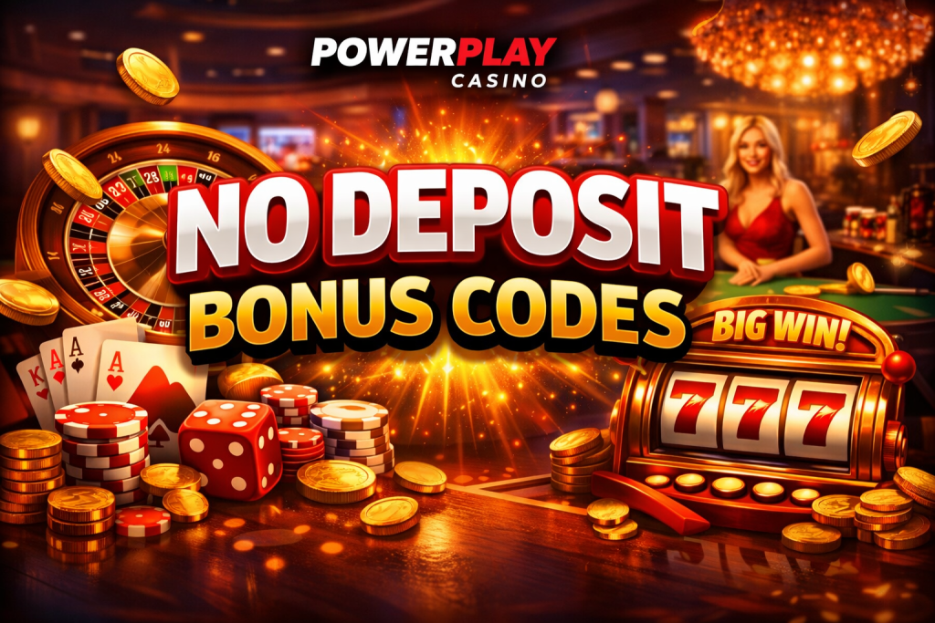 Powerplay Casino no deposit bonus banner with bonus codes, slot machine, roulette, chips, and casino background
