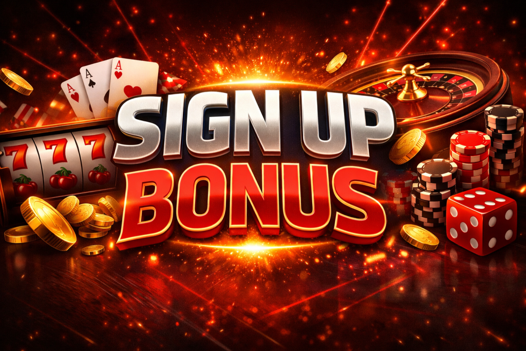 Powerplay Casino sign up bonus banner with slots, roulette, cards, chips, and glowing bonus text