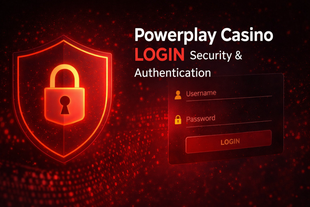Powerplay Casino login banner with red security shield, digital login form, and authentication interface on a dark background