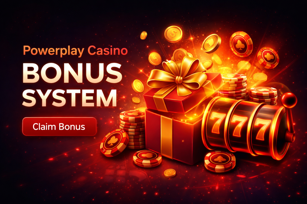Powerplay Casino bonus banner with glowing gift box, coins, poker chips and slot machine showing 777 symbols on a red dark background