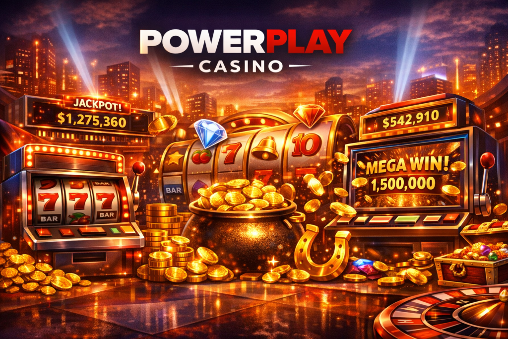Powerplay Casino slots banner with glowing slot machines, jackpots, coins, and neon city background
