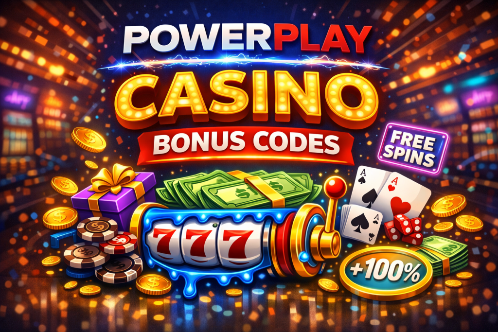 Bonus codes banner with slot machine 777, free spins sign, coins, poker chips, gift box, and glowing 100 percent bonus offer in a vibrant casino background