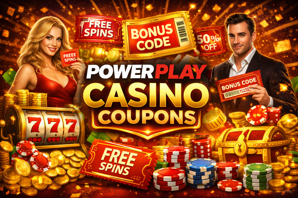 Casino coupons banner with bonus codes, free spins tickets, gold coins and slot machine