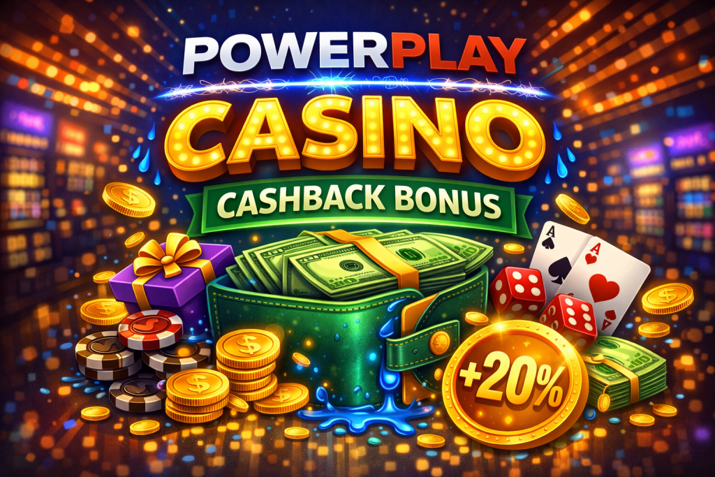 Cashback bonus banner with wallet full of cash, coins, poker chips, playing cards, and glowing 20 percent cashback offer in a bright casino setting