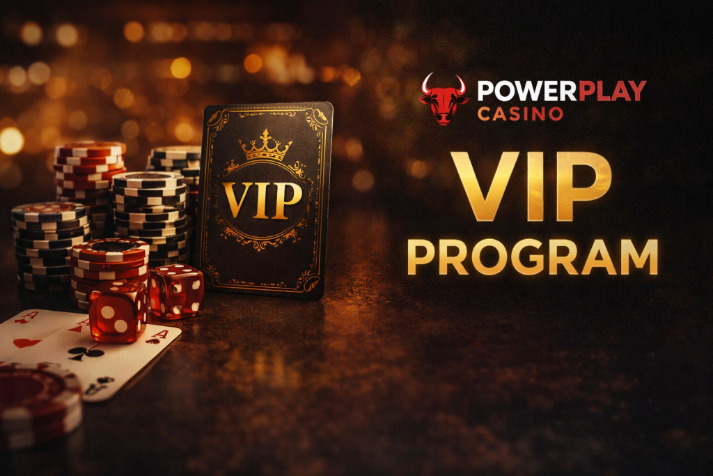 Powerplay Casino VIP Program banner with gold VIP card, poker chips, dice, and playing cards on a dark luxury background