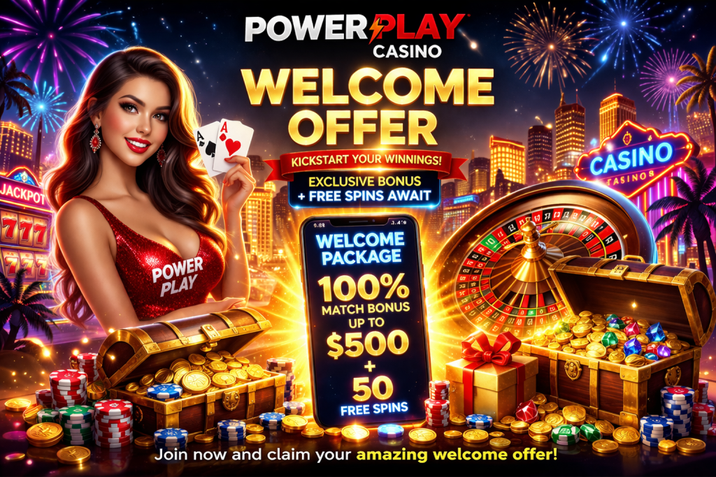Bright casino scene with slot machine, roulette wheel, treasure chests, coins and welcome bonus offer with free spins