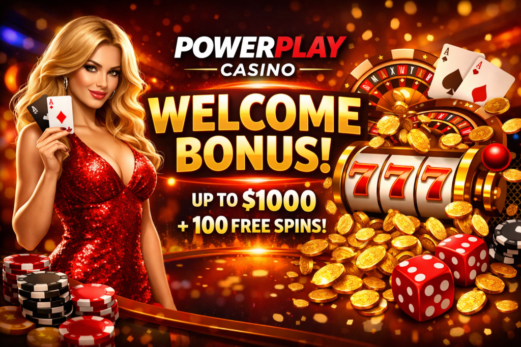 Powerplay Casino welcome bonus banner with casino chips, slot machine 777, roulette wheel, dice, and a woman holding playing cards, highlighting up to $1000 bonus and free spins