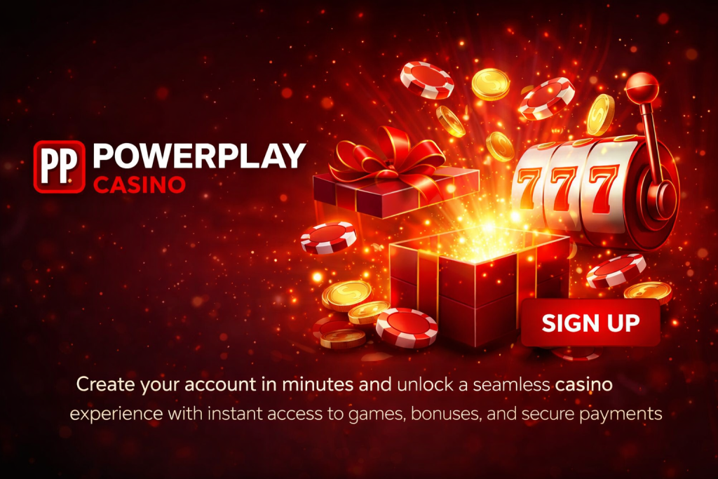 Powerplay Casino sign up banner with glowing gift box, coins, poker chips and slot machine showing 777 symbols on a red background