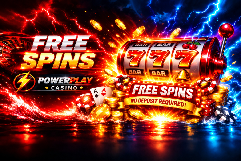 Powerplay Casino free spins banner with glowing slot machine 777, gold coins, neon lights and dynamic casino-themed background