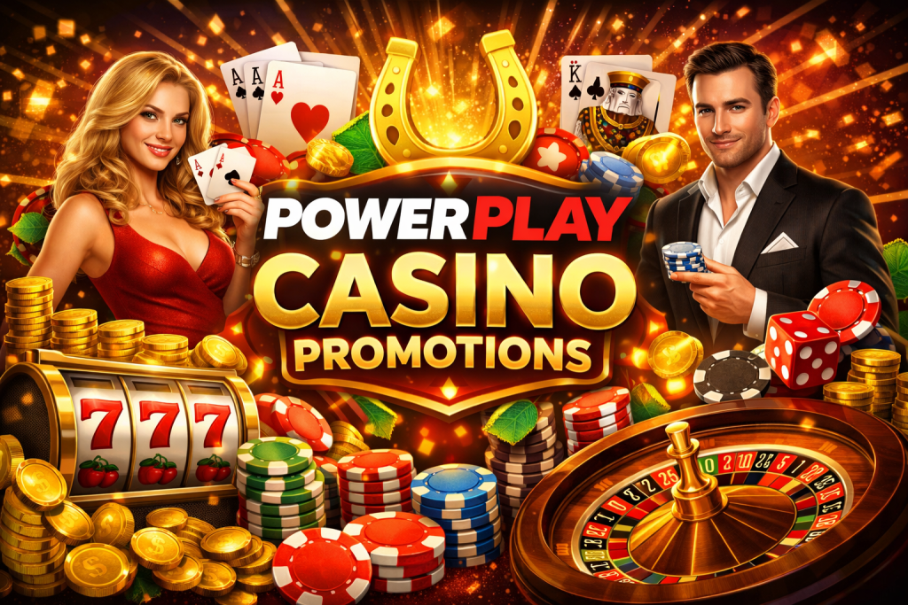 Bright casino promotions banner with roulette, slot machine, poker chips and gold coins