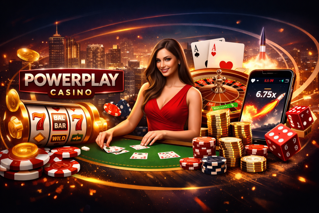 Powerplay Casino games banner with slots, roulette, cards, chips, and live dealer on a glowing city background