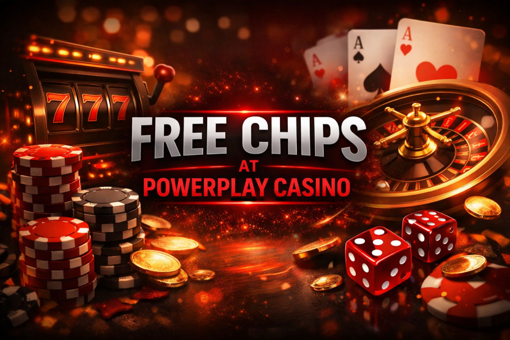 Powerplay Casino free chips banner with slot machine, roulette wheel, poker chips, dice, and glowing red casino background
