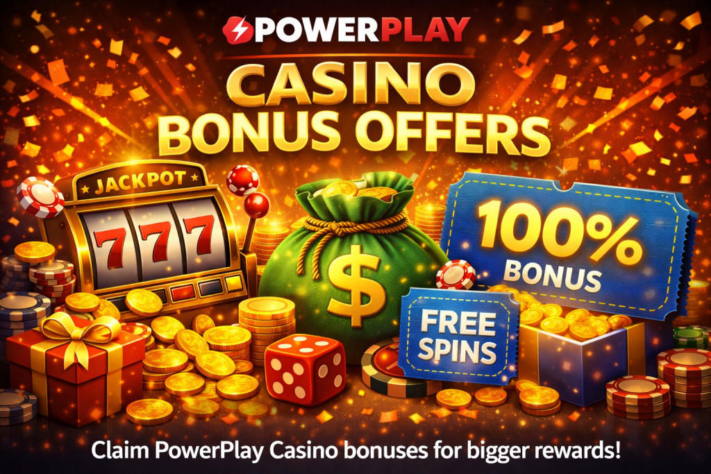 Powerplay Casino bonus offers banner with slot machine jackpot, gold coins, money bag, gift box, casino chips, dice, and promotional bonus text on a glowing background