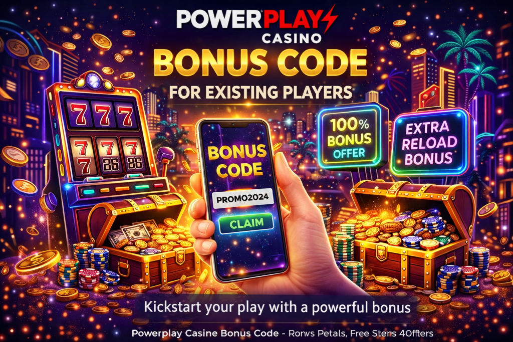 Colorful casino scene with slot machine, roulette, treasure chests and smartphone displaying bonus code for existing players