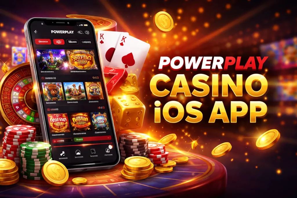 Powerplay Casino iOS mobile app displayed on an iPhone with casino chips, roulette wheel, playing cards and gold coins in a glowing casino environment