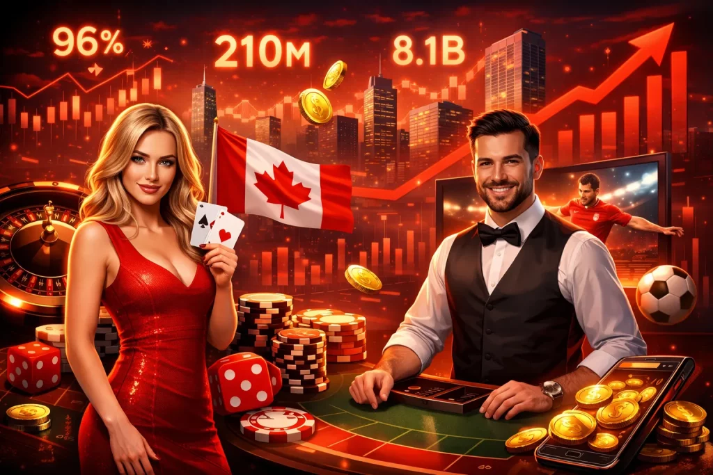 Modern online casino illustration featuring a red-themed gaming environment with roulette table, casino chips, playing cards, mobile casino app interface, and Canadian flag in the background symbolizing the growth of online gambling in Canada.