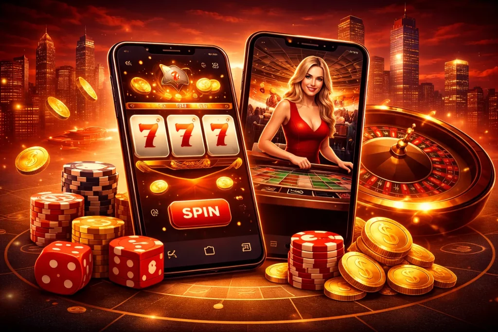 Horizontal illustration of a mobile casino app interface with slot machine reels, live dealer roulette on a smartphone screen, casino chips, dice, and golden coins, symbolizing online mobile gaming and the PowerPlay Casino app experience.