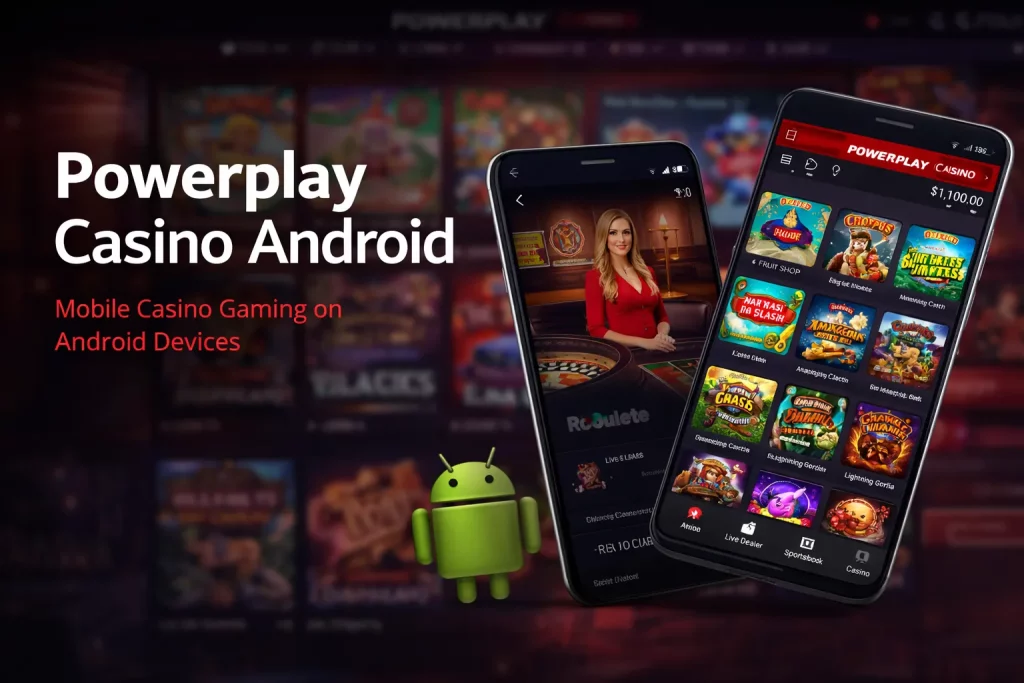 Powerplay Casino Android app interface displayed on smartphones with casino games, live dealer roulette screen, and Android logo on a dark casino-themed background