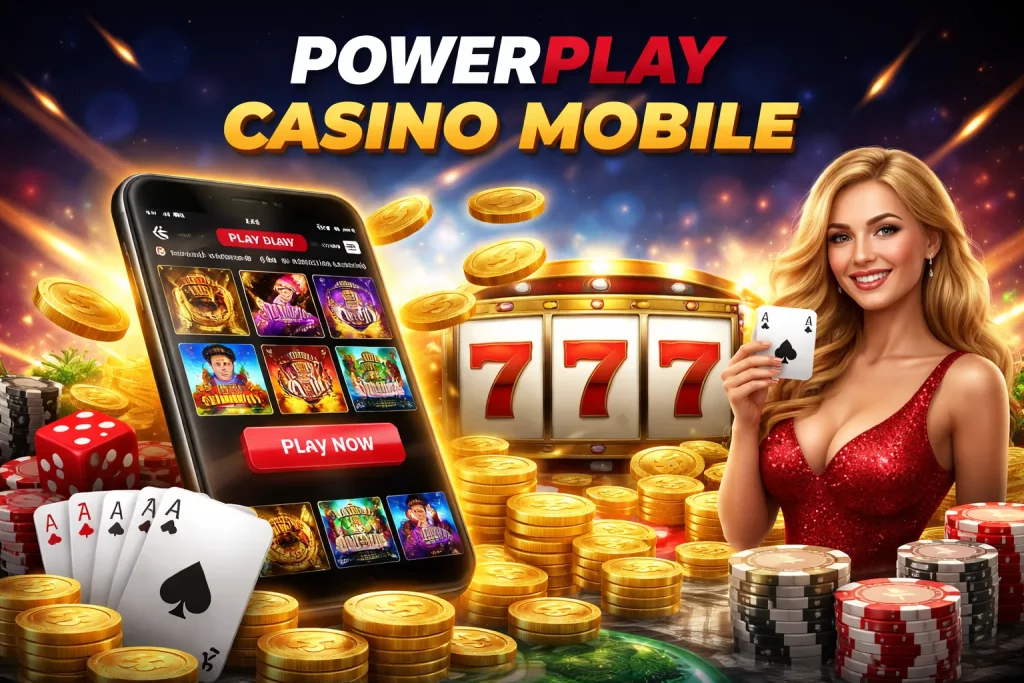 Powerplay Casino mobile app displayed on a smartphone with slot games, casino chips, cards, and a glowing slot machine in the background, illustrating mobile casino gaming experience.