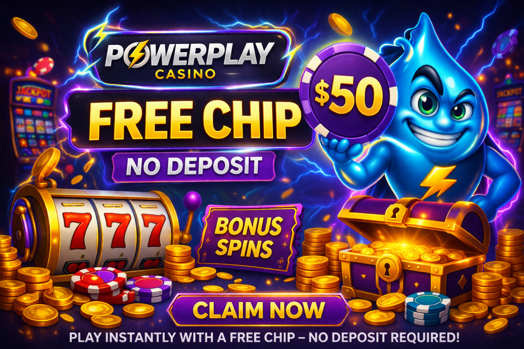 Casino free chip no deposit banner with $50 chip, slot machine, bonus spins and glowing coins