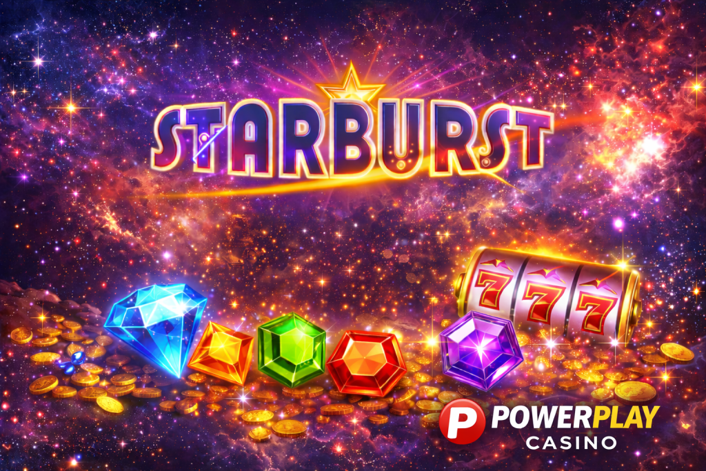Starburst slot banner with colorful gems, cosmic background and classic reels