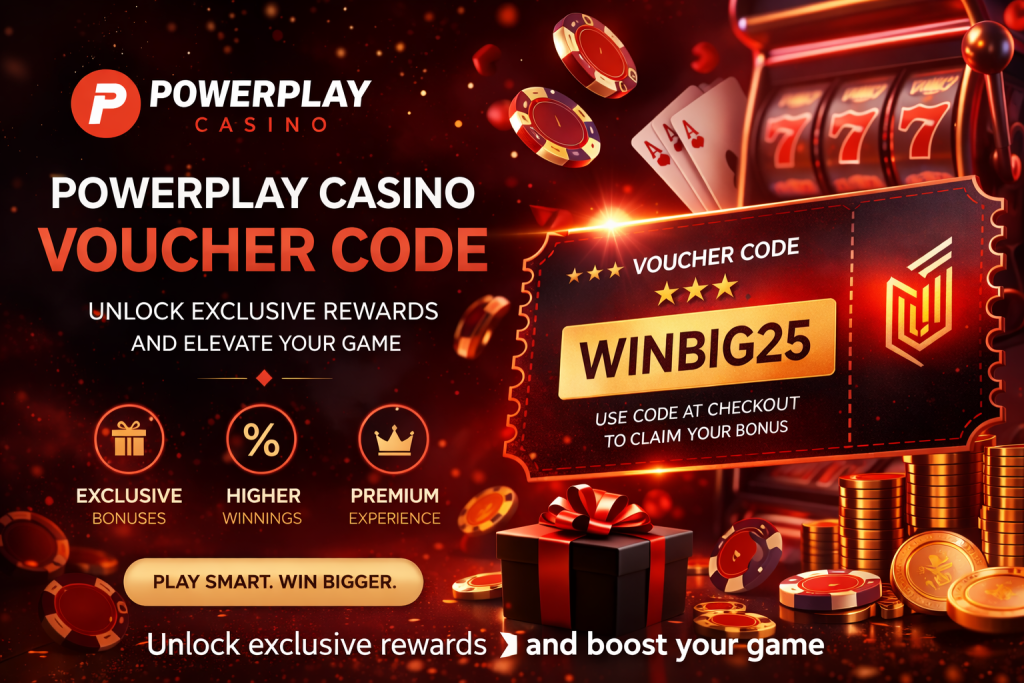 Bright casino voucher with red neon theme, chips, cards, and bonus ticket
