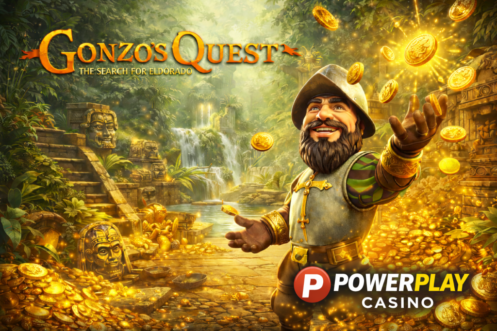 Gonzo’s Quest slot banner with jungle ruins, avalanche reels and falling gold coins